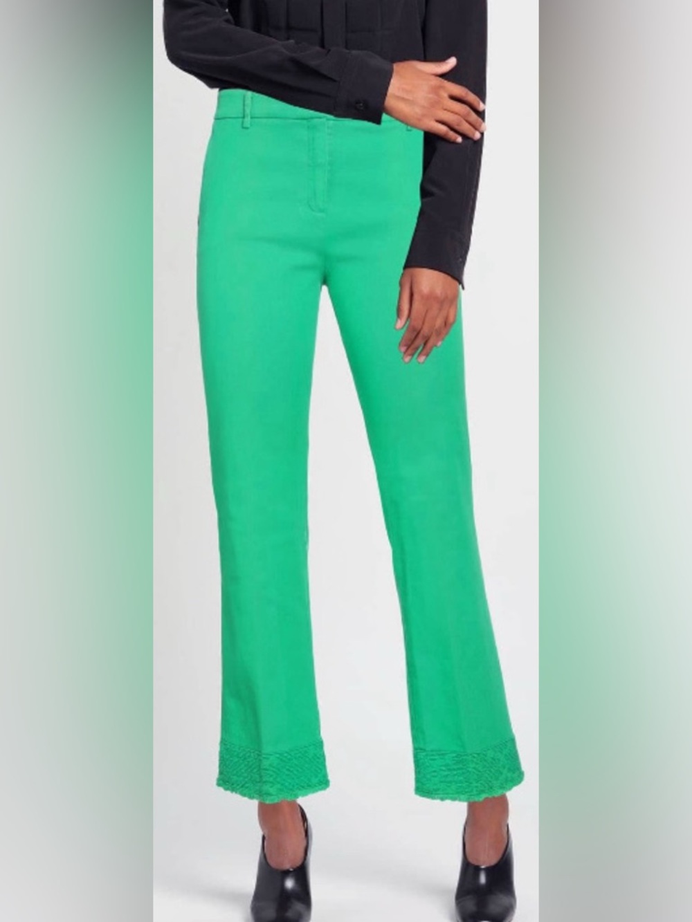 Soft Cotton Green Straight Leg Trouser Pants with Embroidered Hem: Size 6 - Picture 2 of 8